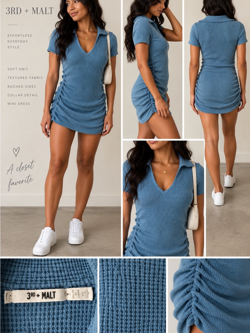 3rd + Malt Blue Waffle Knit Mini Dress Sz S | Ruched Collared V-Neck